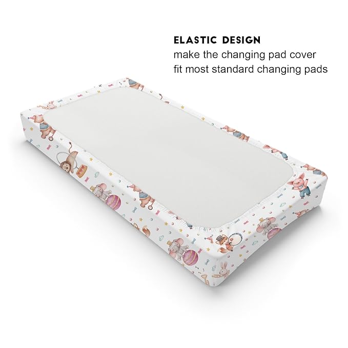 Watercolor Circus Animals Changing Pad Cover Cartoon Bear Lion Fox Bunny Elephant Pig Baby Diaper Change Table Sheets for Boy Girl Soft Stretchy Snug Fitted Changing Table Pad Mats 32''x16''