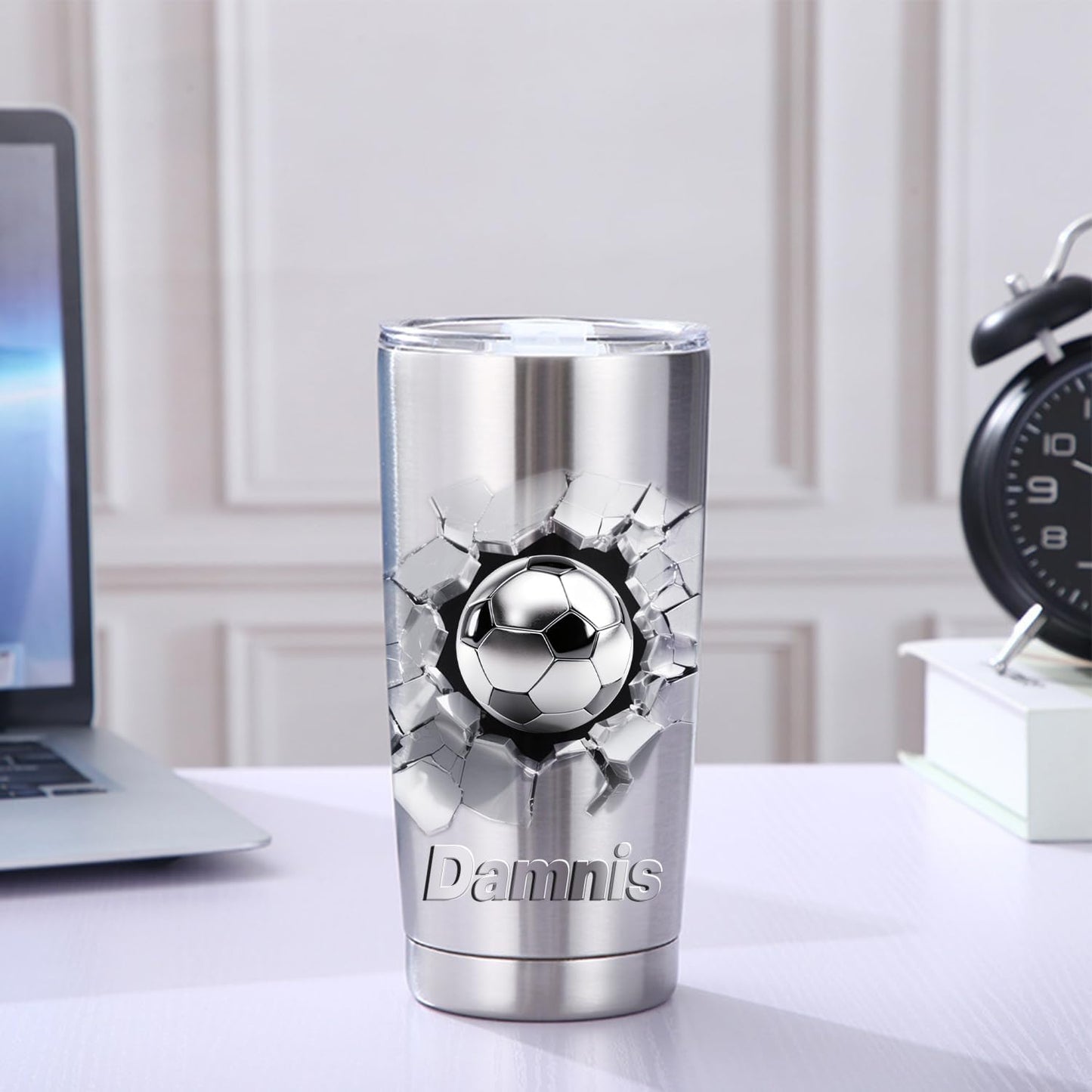 Personalized soccer Ball With 3D Cracked Wall Stainless Steel Silver Tumbler Mug, Custom Name Sport soccer Lovers Player Tumbler Mug,Customized Father's Day Birthday Sport Gift For Dad Men Women