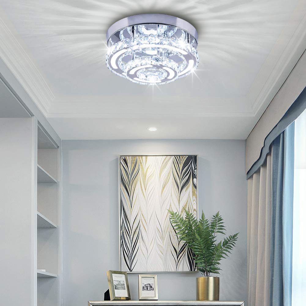 CXGLEAMING Modern LED Ceiling Light Chandelier, K9 Crystal, Stainless Steel, 3 Color Light, Round Small, Variable Light
