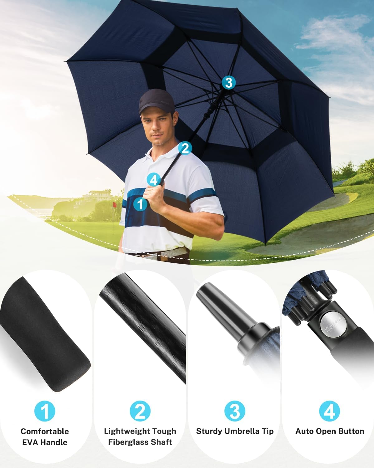 Gonex 54/62/68/72/80 Inch Extra Large Golf Umbrella, Automatic Open Travel Rain Umbrella with Windproof Water Resistant Double Canopy, Oversize Vented Umbrellas for 2-3 Men and UV Protection, Multiple Colors