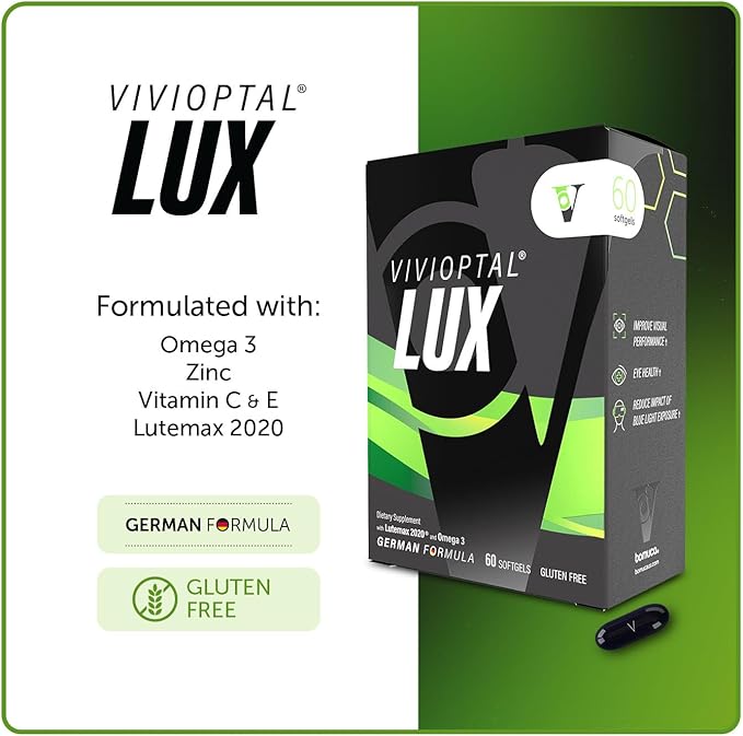 Vivioptal Lux 60 Softgels, Omega 3, Zinc, and Vitamin C & E, Multivitamin & Multimineral, Gluten Free, German Formula
