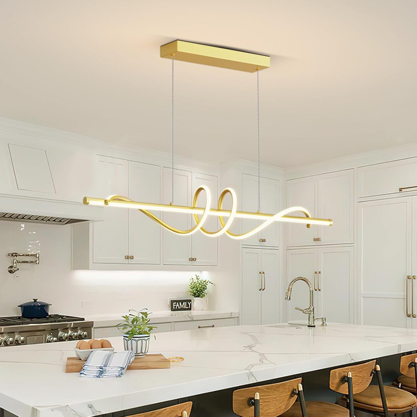 Zihoi LED Pendant Light, Dimmable with Remote, 3000K-6000K, 47in, Gold, Aluminum Chandelier for Kitchen and Dining Room