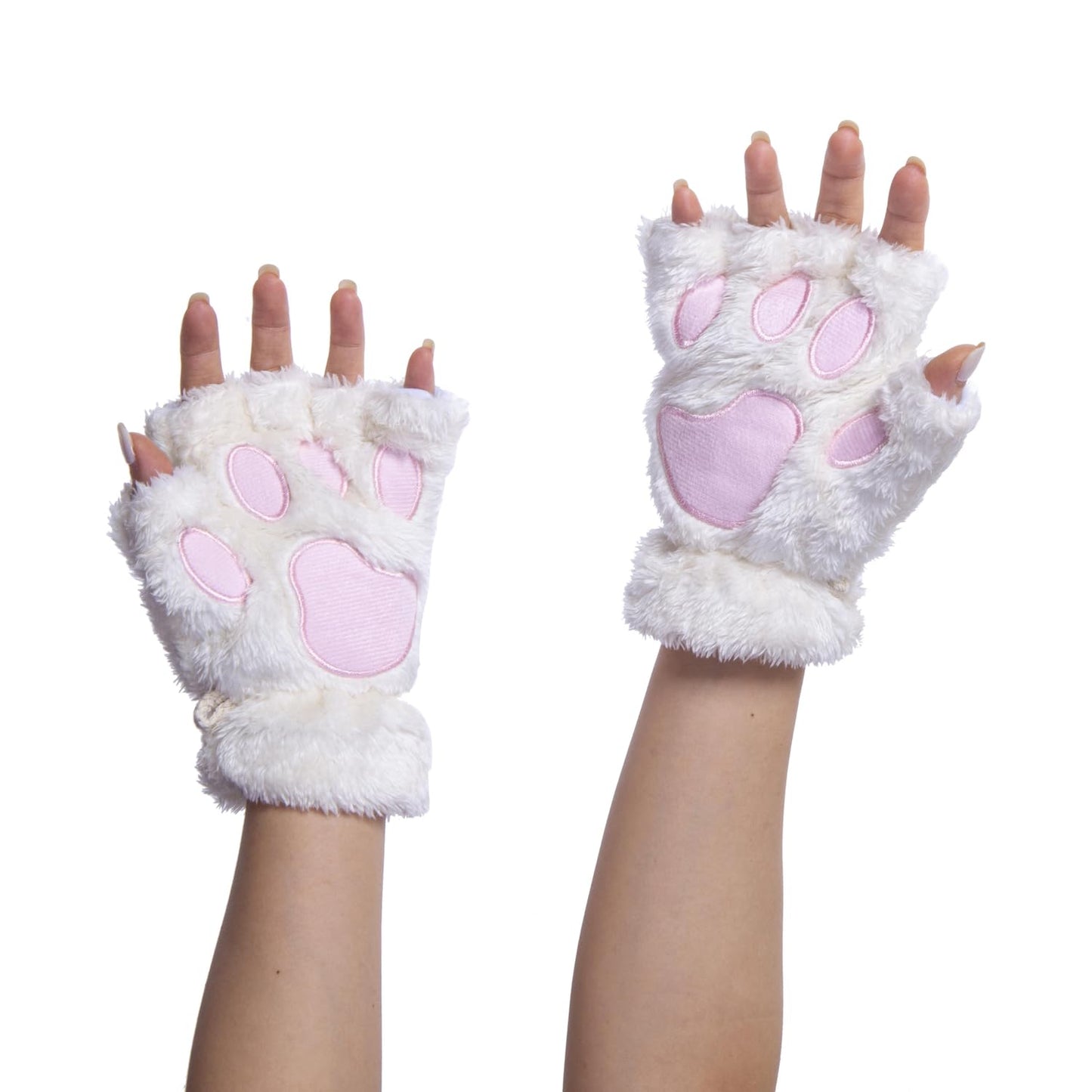 Vonokee Women Halloween Costume Cat Paws Gloves,Novelty Faux Fur Bear Paw Fingerless Mittens, Plush Lion Claw Gloves (White)