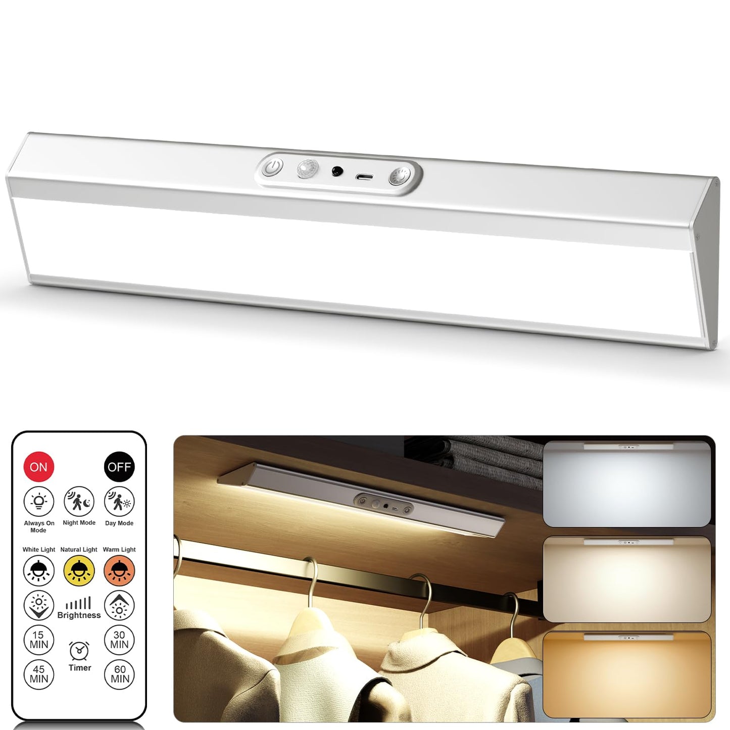 LENOMA Motion Sensor Closet Light, 400 Lumen, Rechargeable, 3 Color Temp, Wireless, Silver, 1 Pack, Model LTM-CGD-06