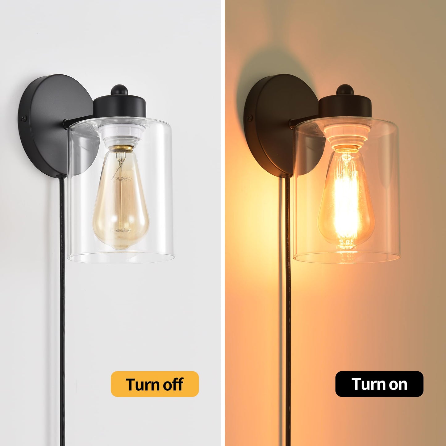 KENMI Metal Wall Sconces, 2 Pack Matte Black Bathroom Lighting, Clear Glass Shade, Model W12W