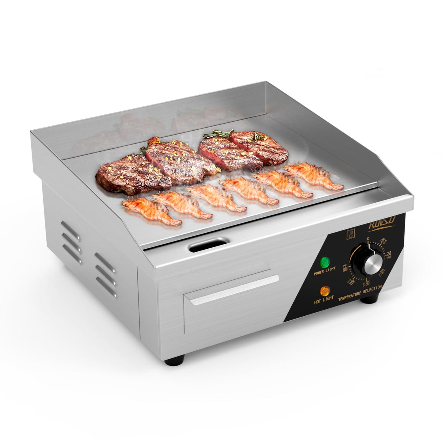 ROVSUN 14" Electric Countertop Flat Top Griddle, 1500W Electric Griddle, Teppanyaki Grill Stainless Steel with Adjustable Temperature Control 122°F-572°F for Home Restaurant Commercial