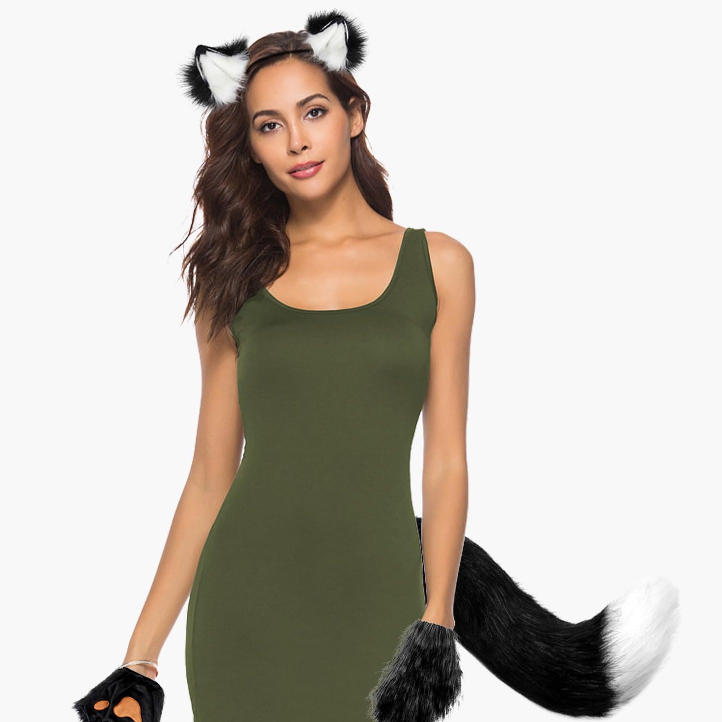 Hyuetrsa Wolf Fox Costume, Faux Fur Wolf Ears Headband Fox Tail and Paw Gloves Set, Cat/Fox Ears Headband and Tail for Halloween Cosplay Christmas Party Supplies, Black (Ears and Tails with White)