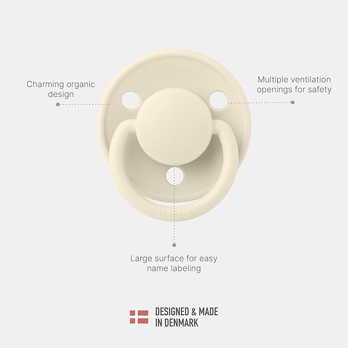 BIBS Pacifiers OneSize | 2-Pack Soothers | BPA-Free Symmetrical Nipple | Made in Denmark | Sand/Iron De Lux Pacifier