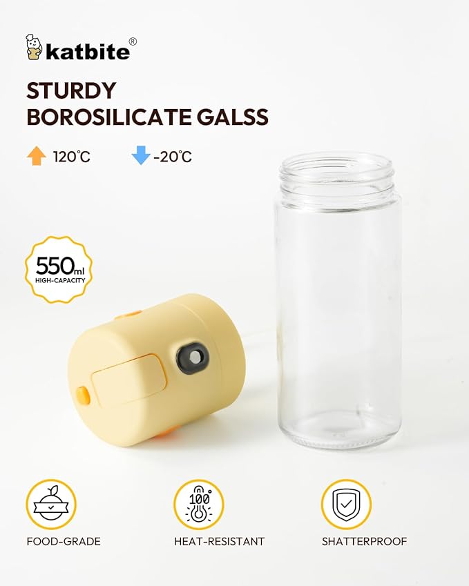 katbite 2 in 1 Oil Sprayer & Pour for Cooking, 18.6 oz(550ml) Glass Olive Oil Dispenser Bottle, One-Touch Open Lid, Non-Drip Leak-Proof Design, Fine Mist(0.5g/Spray) for Air Fryer, Salad, Yellow