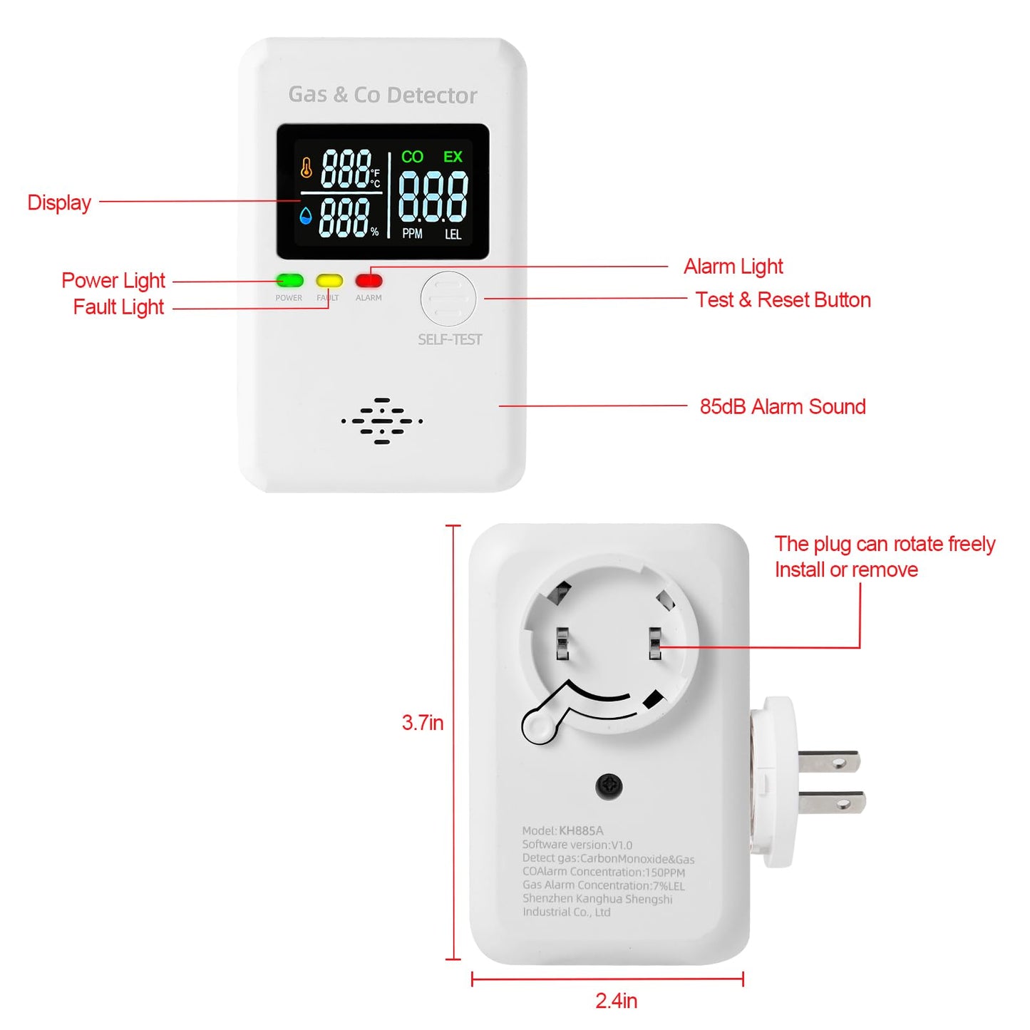 Plug in Natural Gas & Carbon Monoxide Detectors,4-in-1 Real-time Display & Monitor,Low-Concentration Detect, Combination Gas,Propane Detector & CO Alarm for Home,Camping,RV, Apartment