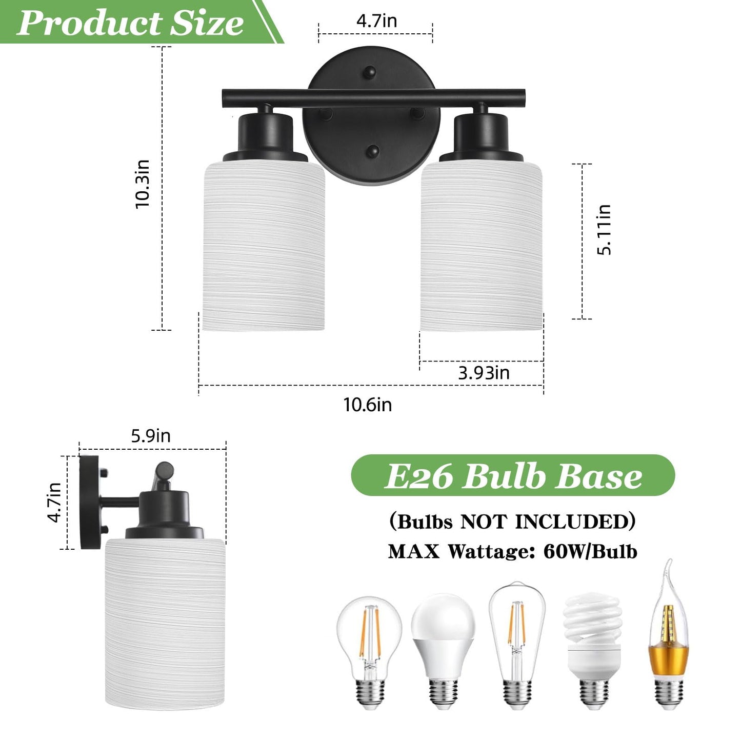 Guliaofo 2-Light Vanity Lights  Black Bathroom Light Fixture With Striped Textured Milky White Glass Shade  Modern Vanity Lighting Fixture For Bathroom Wall Light Over Mirror  E26 Wall Sconce
