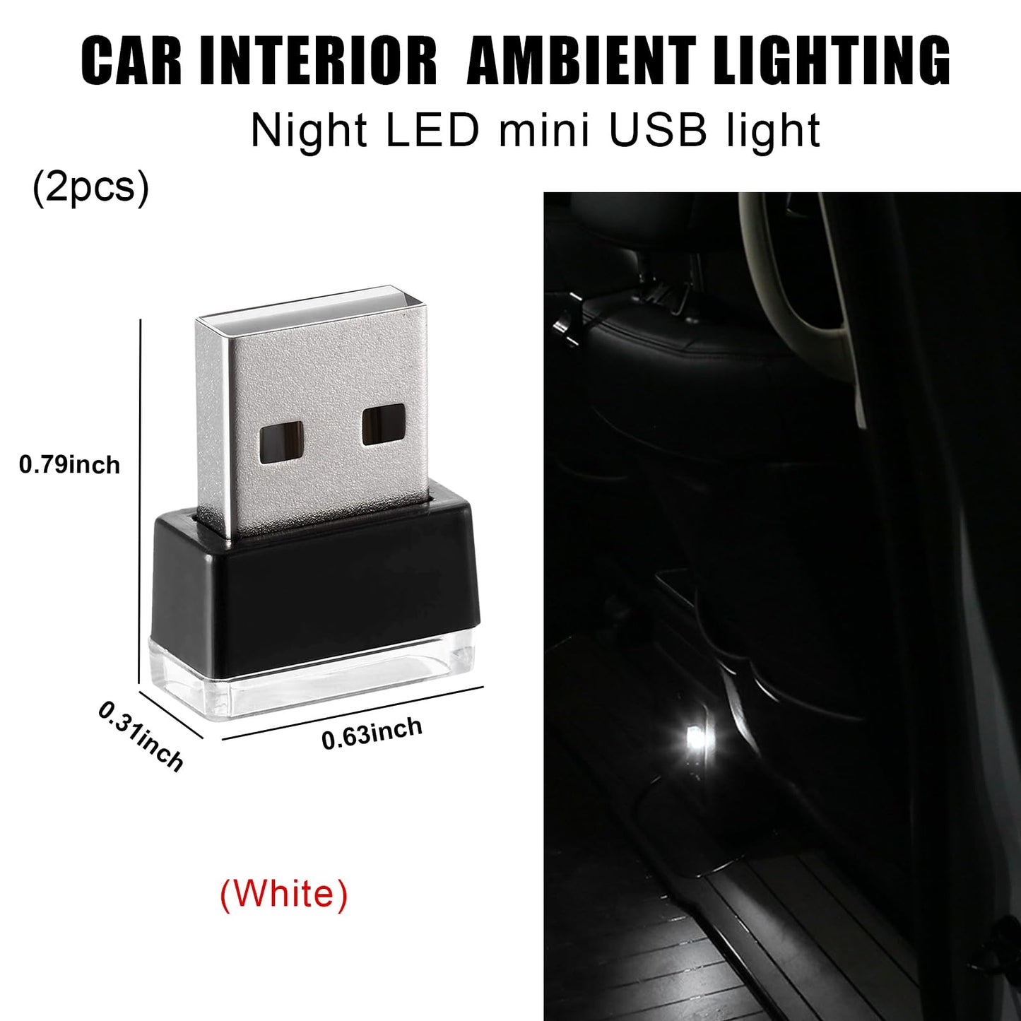 Sylvil 2 Pcs Usb Led Car Interior Atmosphere Lamp  Portable Mini Led Night Light  Plug-In Usb Interface Trunk Ambient Lighting Kit  Universal Interior Car Accessories (White)