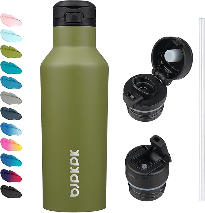 BJPKPK Insulated Water Bottle With Straw 17oz Stainless Steel Water Bottles With 2 Lids And Carry Handle Reusable Travel Metal Thermal Flask,Olive Green