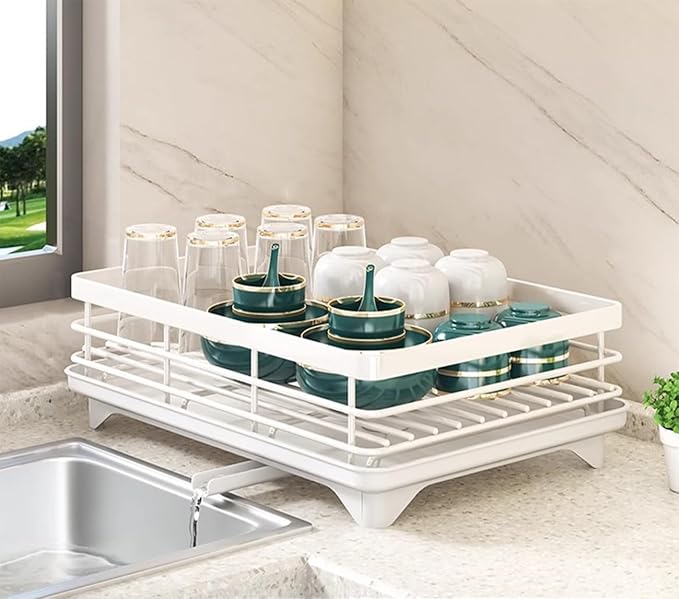 Large Dish Drying Rack - Extendable Dish Rack,Multifunctional Dish Rack for Kitchen Counter,Drying Rack Anti-Rust Dish Drainers with Cutlery & Cup Holders (White)