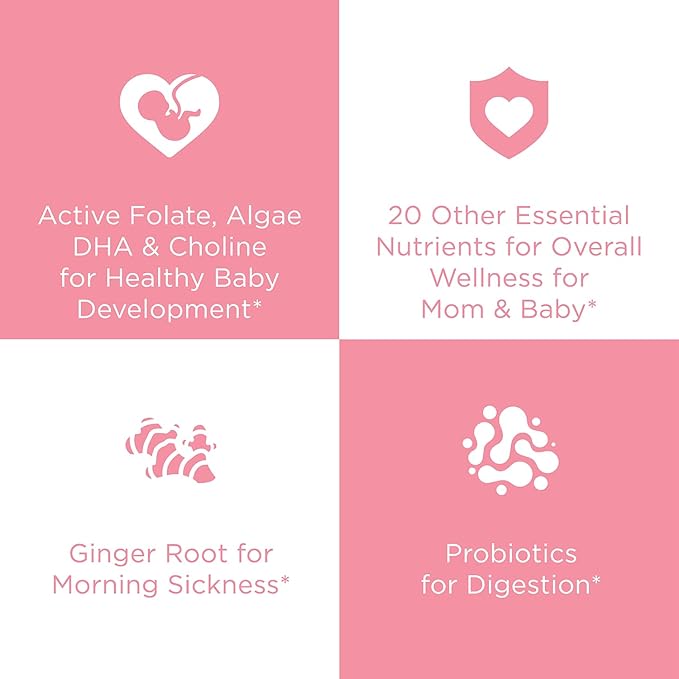 Hyland's Easy Morning Prenatal Multivitamin and Digestive Health and Morning Sickness Relief, 60 Vegan Capsules with Folate, Choline, Zinc, Ginger Root, Prebiotics and Algae DHA