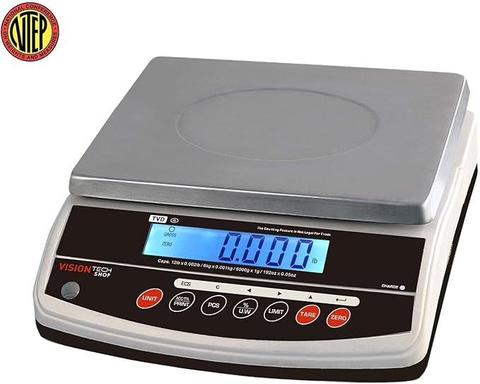 VisionTechShop TVD-12 Digital Bench and Counter Scale, Lb/Oz/Kg/g Switchable, 12lb Capacity, 0.002lb Readability, Counting and Percentage Mode, Single Display, NTEP Legal for Trade, CC# : 20-032