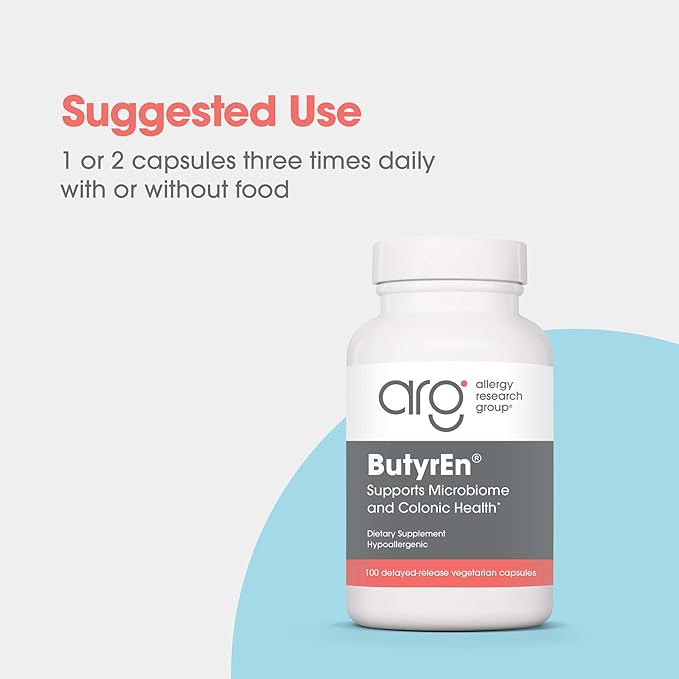 Allergy Research Group ButyrEn Supplement - Butyrate Gut Health Supplement, Colon Lining Nutrition, Butyric Acid, Delayed-Release, Vegetarian Capsules, Gluten Free - 100 Count