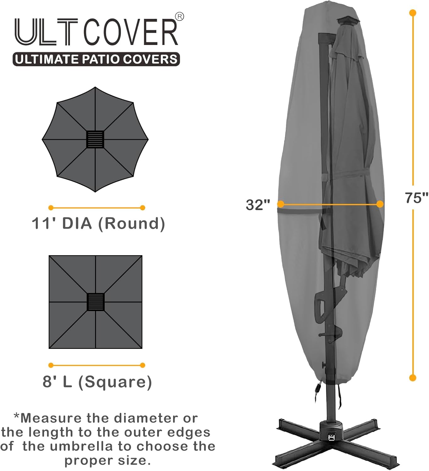 ULTCOVER Patio Parasol 600D Waterproof Clear Top Outdoor Umbrella Cover - Fits Solar Umbrella 8-11 Feet, Black