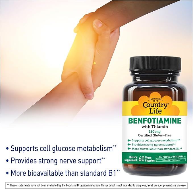 Country Life Benfotiamine with Thiamin,150mg, 60 Vegetarian Capsules, Certified Gluten Free, Certified Vegan