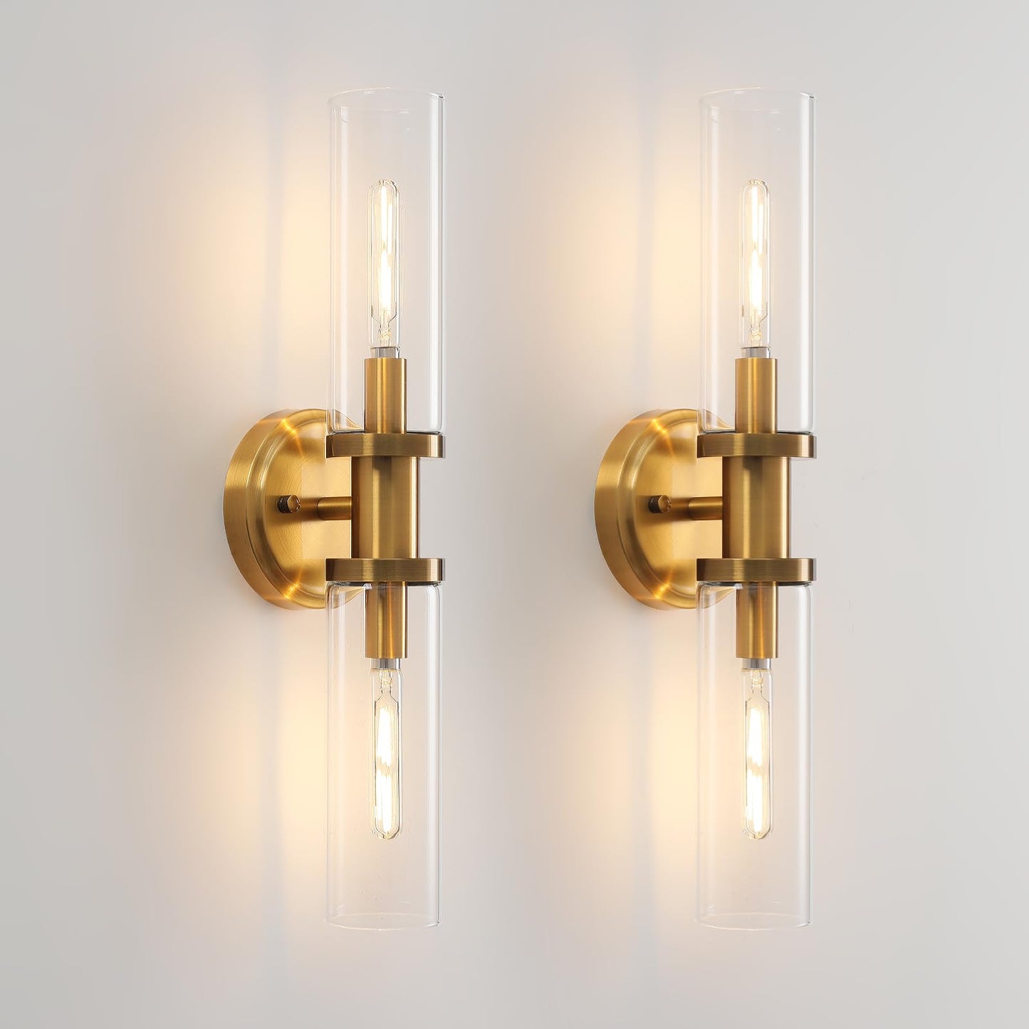KUZZULL Wall Sconces Set of 2, Brushed Brass Gold, Clear Glass, Modern Lighting Fixtures, 28in, Iron Material