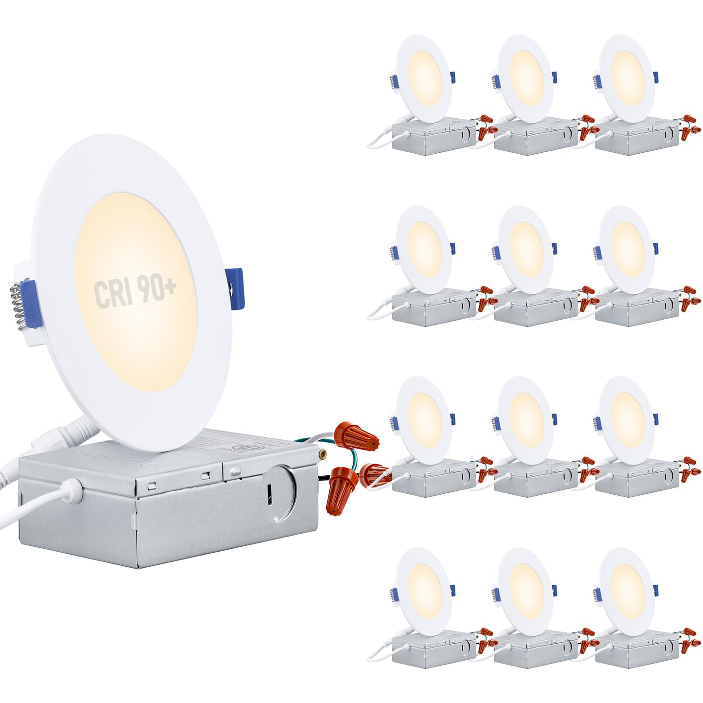 TORCHSTAR Basic Series 12-Pack 4 Inch Ultra-Thin LED Recessed Lighting with Junction Box, CRI90, Aluminum, 3000K Warm White, 5%-100% Dimmable Slim Recessed Downlight, 9W 810LM, ETL and Energy Star