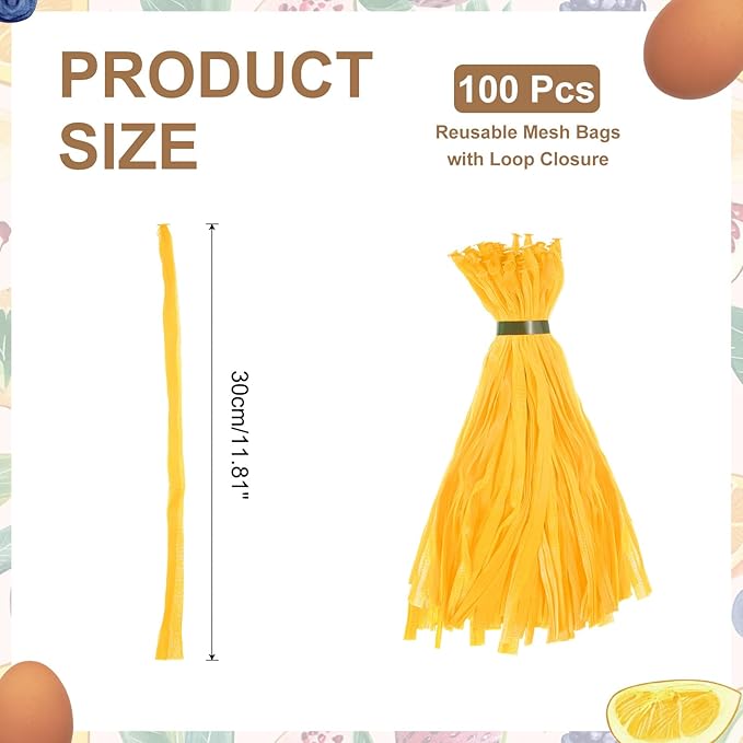 uxcell 100Pcs Reusable Produce Mesh Bags, 30cm Mesh Nylon Netting with Loop-Style Closures, Stretchable Egg Hatching Bags for Fruit Vegetable Storage, Yellow