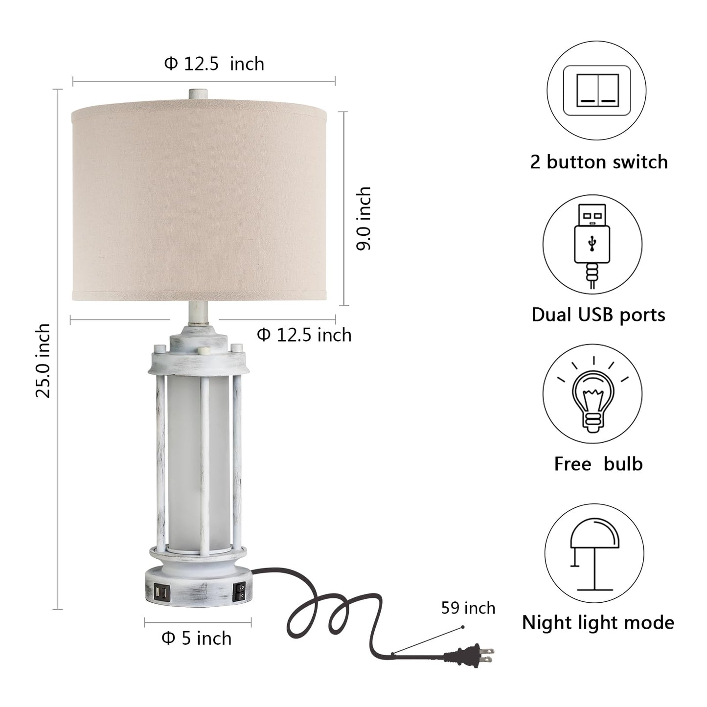 AIEAMPDO Rustic Table Lamps Set of 2, Vintage Nightstand Lamps with USB Ports, Antique White, 25in - Model VAR-8882-XFH