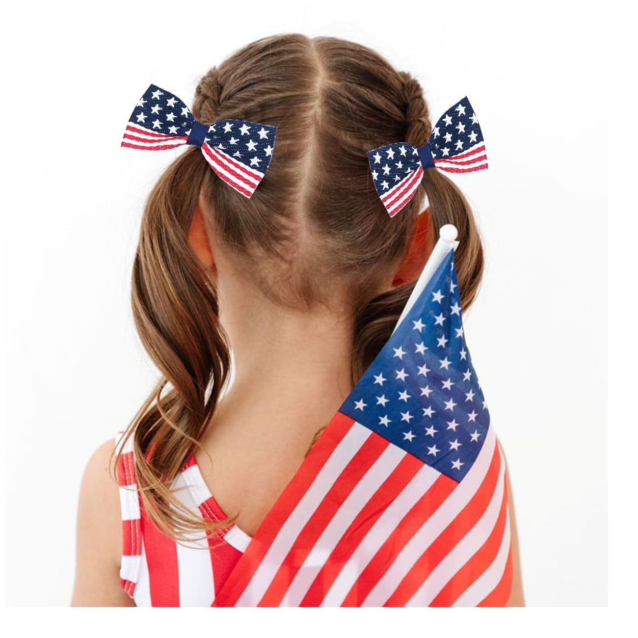 JUCCPUL 4Pcs 4th of July Big Hair Bows Clips for Girls 5inch American Flag Barrette Hair Bow Patriotic Stars and Stripes Hairgri