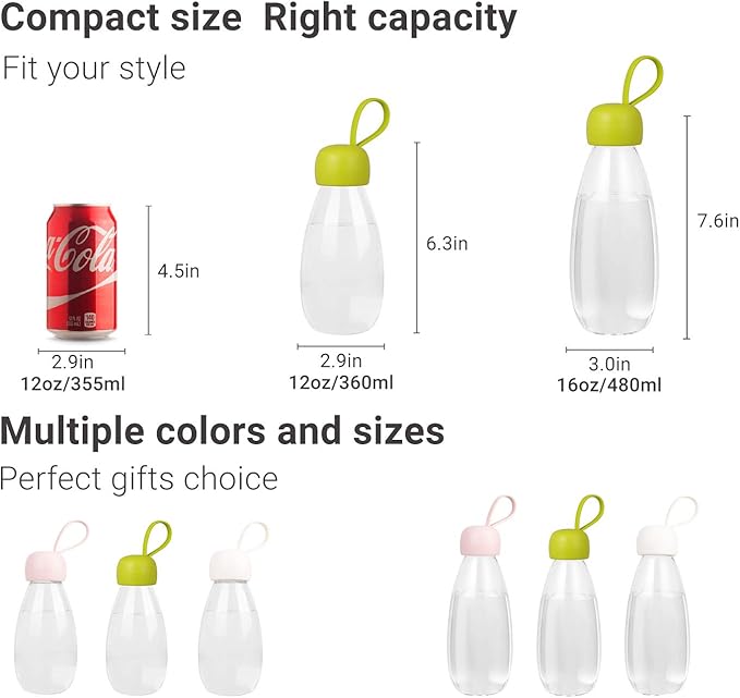 emoi BPA Free Water Bottle, 12oz/360ml Cute Water Bottle with Carrying Strap, Ideal for Kids Boys Girls Students Women Healthy Hydration-Green