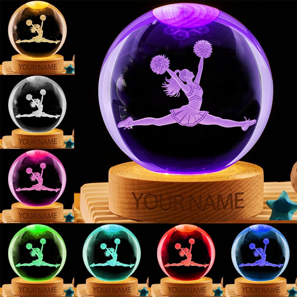 Personalized Cheerleader Crystal Night Light Gift for Women, Custom Name/Number Cheerleader 3D Crystal Ball Night Light Lamp for Bedroom Room Dance Decor Party Bar Christmas Birthday Gift