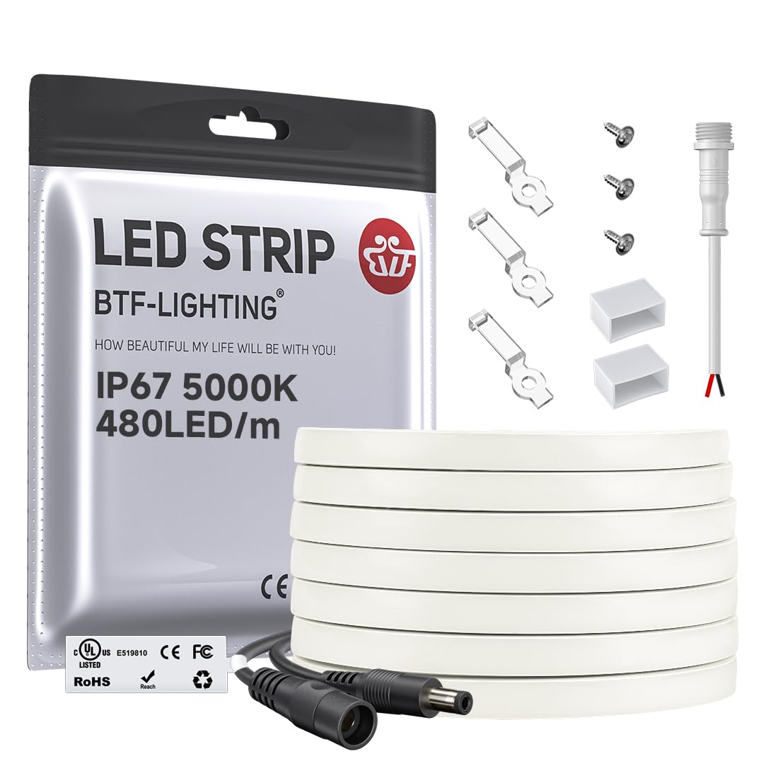 Btf-Lighting Fcob Cob Led Strip Flexible High Density Uniform Light 9W/M 16.4Ft Dc12V Daylight White 5000K 480Leds/M Cri 90+ 8Mm Ip67 Waterproof Width Dimmable Led Ribbon(No Adapter Or Controller)