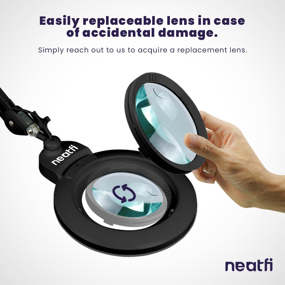 Neatfi Xl Bifocal Led Magnifying Lamp, 7-Inch Lens, 5D/20D, Dimmable, Adjustable Arm, Black, With Clamp
