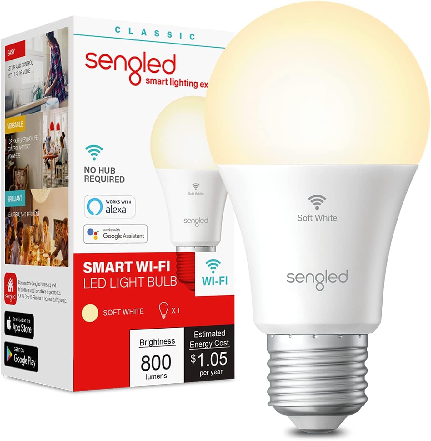 Sengled Smart Bulb, WiFi Dimmable Light Bulb, 800LM 60W Equivalent, A19 Soft White, 1 Pack, Model W31-N11