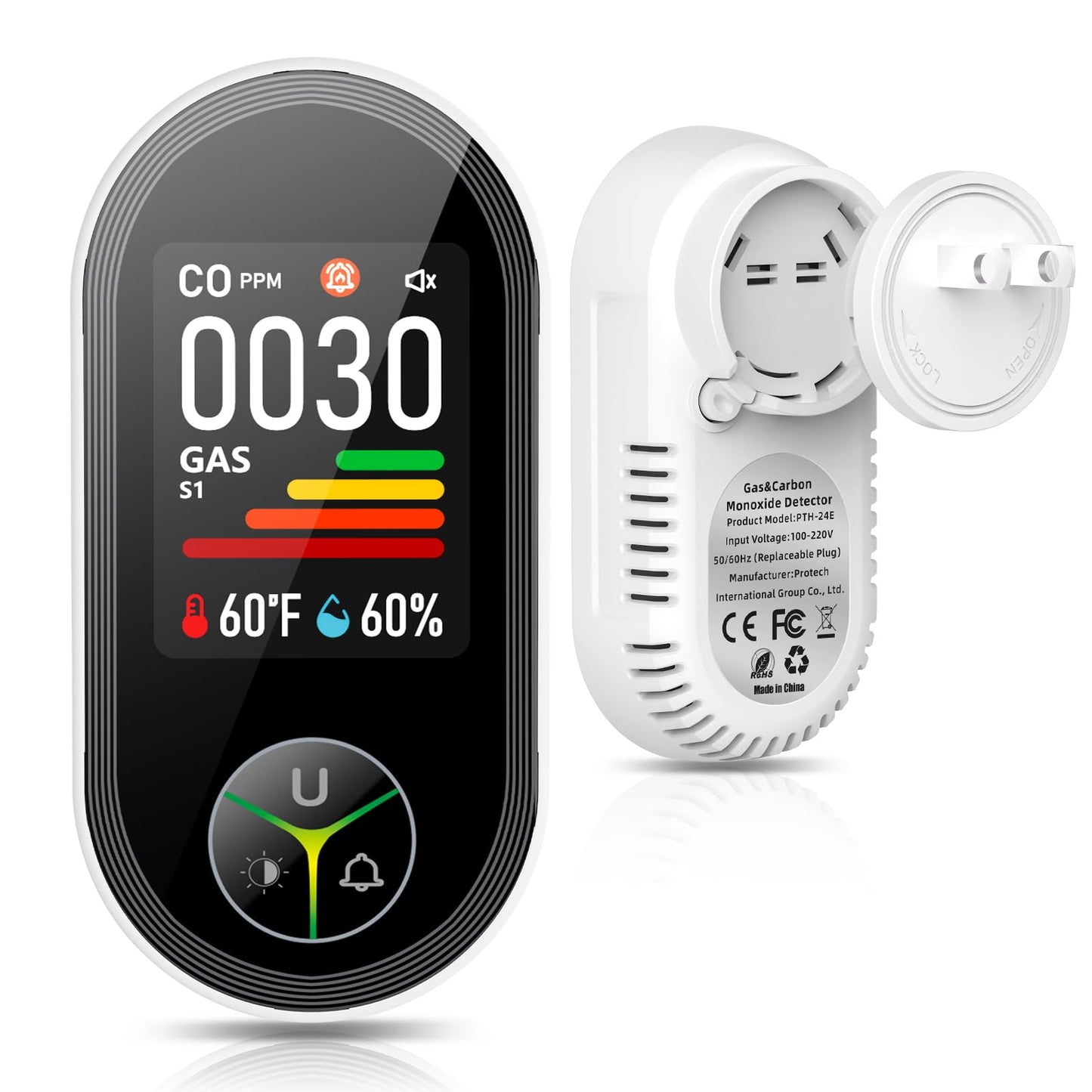 4-in-1 Carbon Monoxide Detectors & Natural Gas Leak Detector Plug in, Combination CO Detector & Combustible Gas, LPG, Methane, Propane Alarm with Fahrenheit(°F) & Humidity(1 Pack)