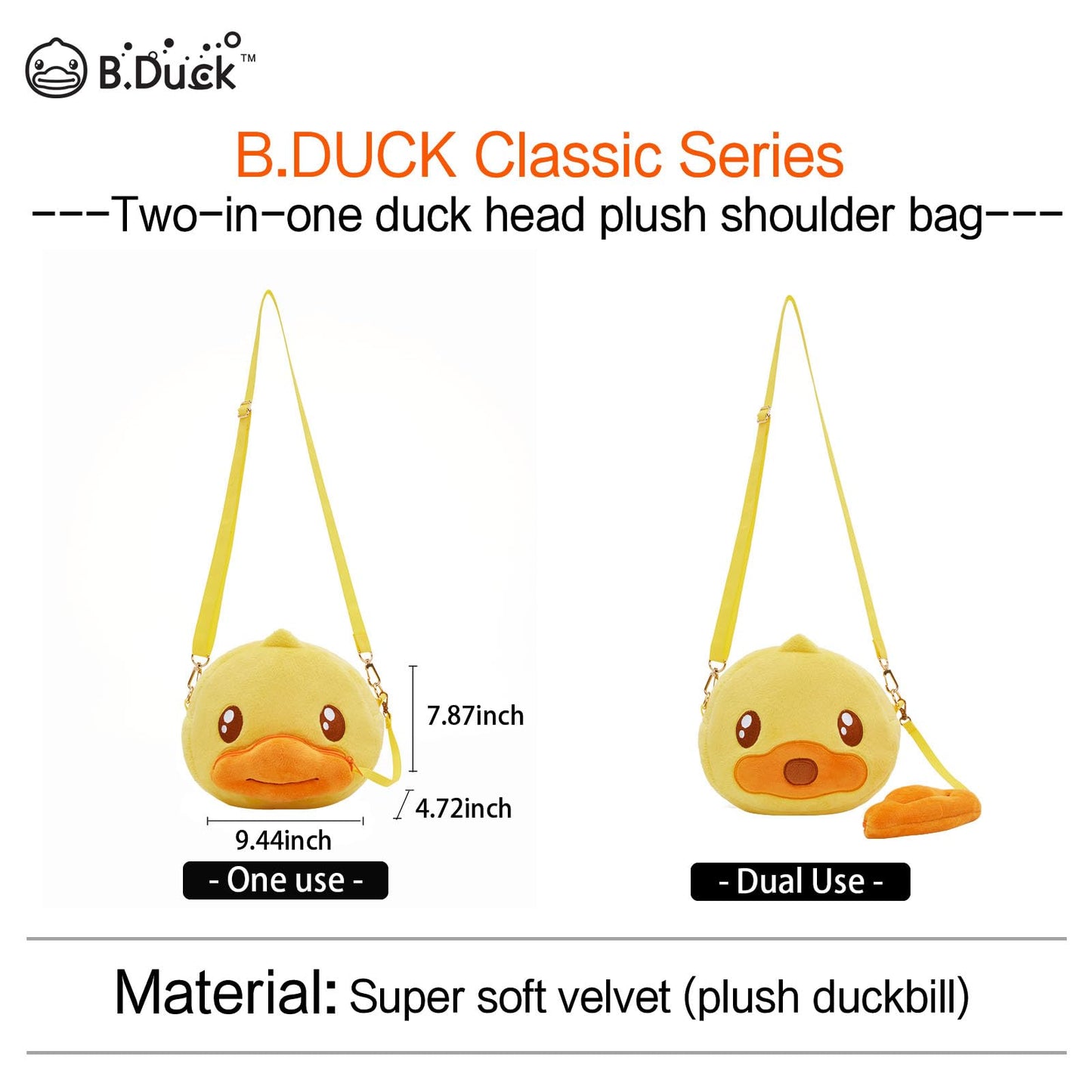 B.DUCK Plush Crossbody Bags Kawaii Handbag Cute Duck Shoulder Bag Toy Purse for Gifts (2-in-1 Duck)