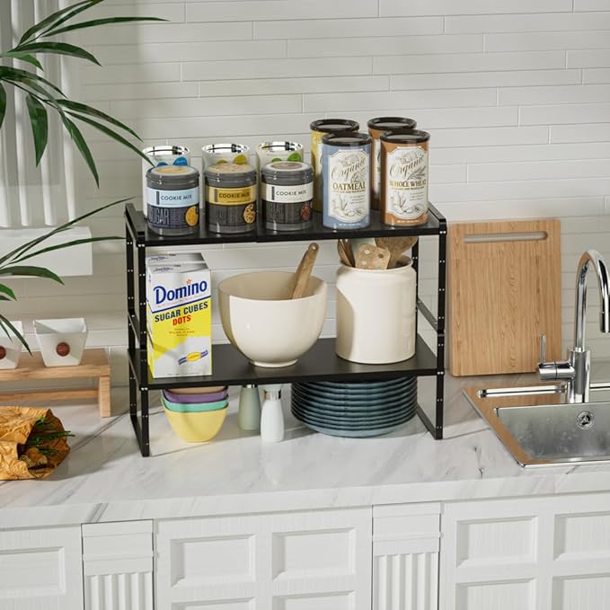 Slideep Expandable Counter Organizer Shelf, Stackable Cabinet Shelves Organizer Storage Rack Cupboard Stand Spice Rack for Kitchen Bathroom Pantry Black -2 Set
