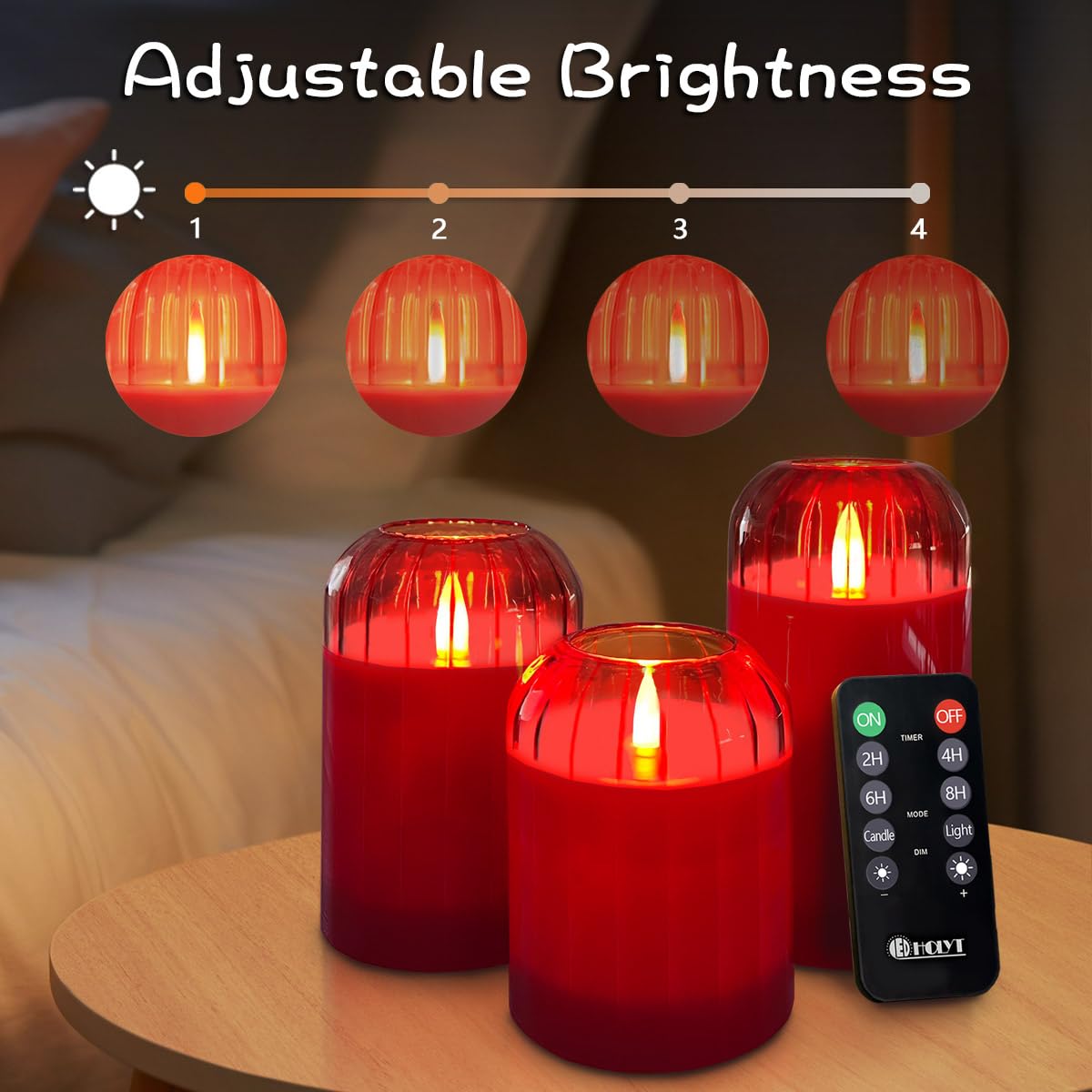 LEDHOLYT Rechargeable Flameless Candle, Flashing LED Pillar Real Wax Candle with Remote Control and Timer, Red Glass Electronic Candles for Room Decoration, 1 Set of 3