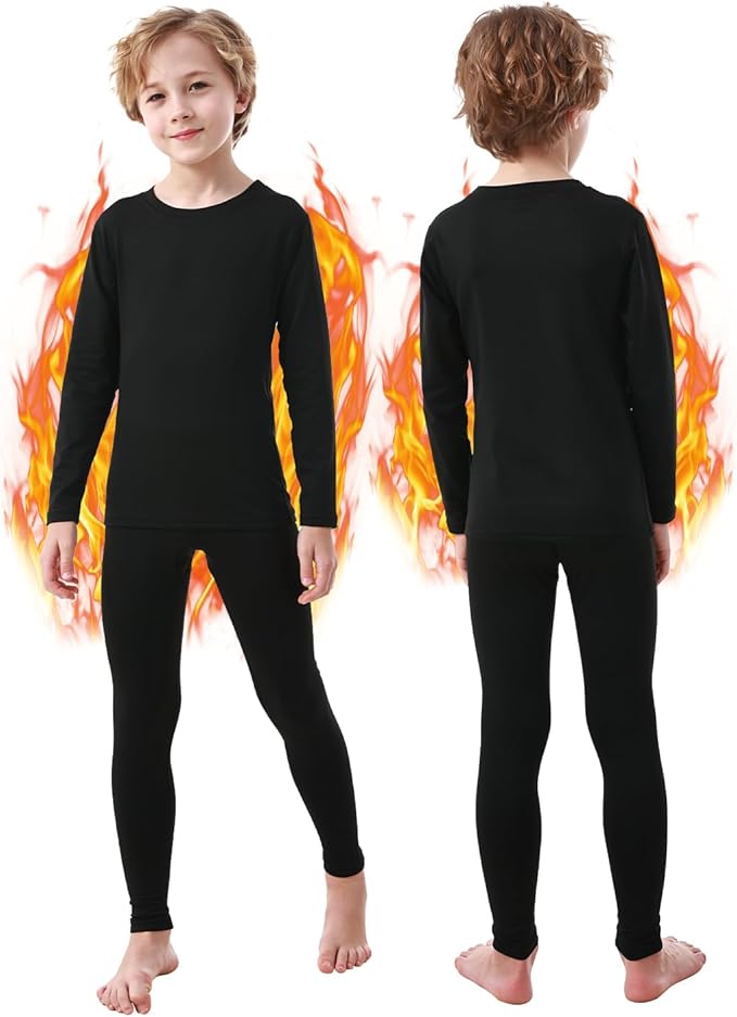PISIQI Thermal Underwear Set for Boys Long Johns Fleece Lined Set Kids Ultra Soft Base Layer Top Bottom Warm Set for Skiing