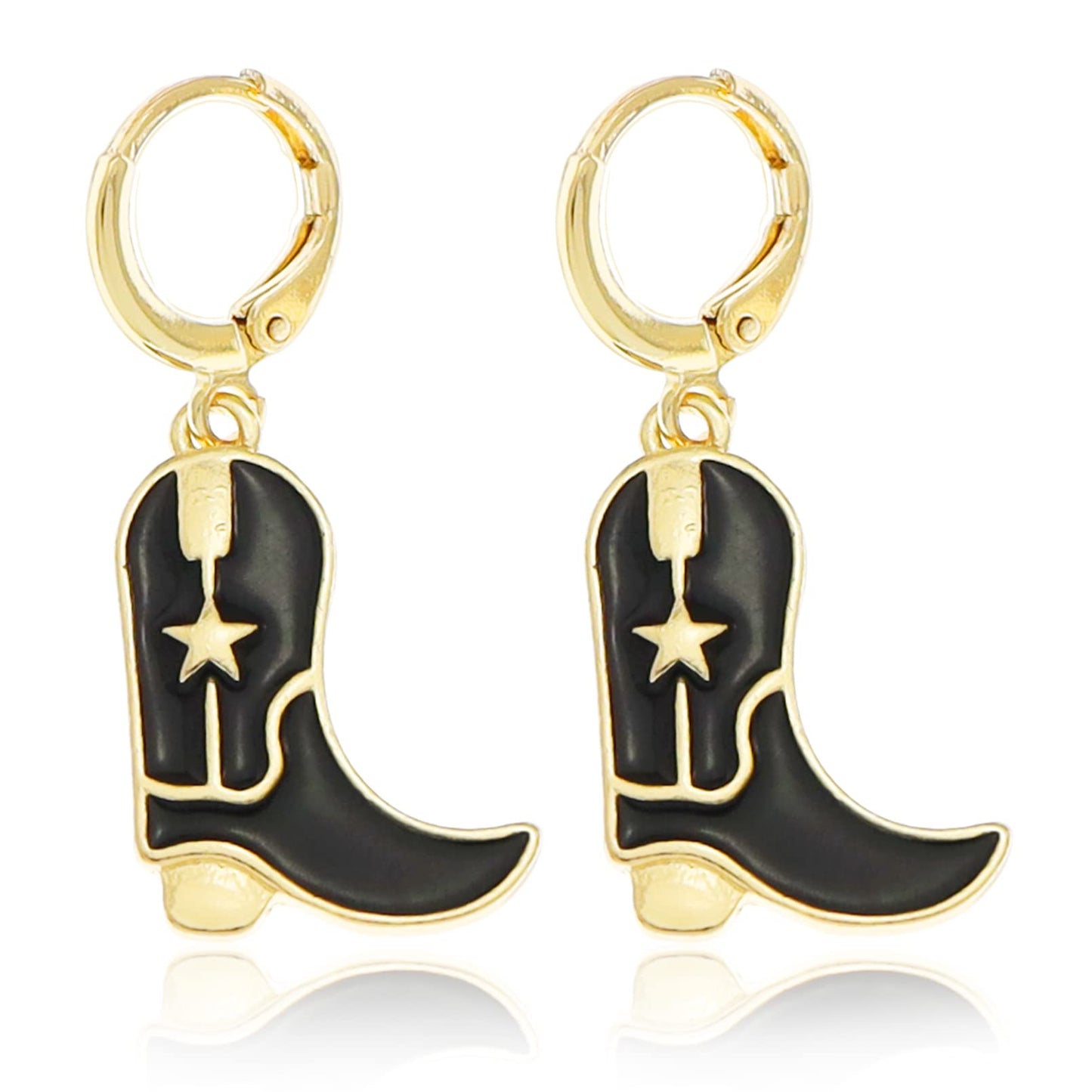 RechicGu Western West Cowgirl Texas Boots Spur Dangle Drop Earrings Rodeo Boho Fancy Dress Costume (Black Hoop Enamel Boots)