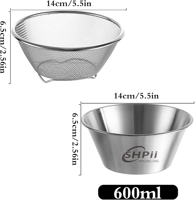 2 Piece Mini 304 Stainless Steel Colander with Mixing Bowl, Kitchen Cooking, Washing Fruits and Vegetables, Back of House Preparation (600ML)