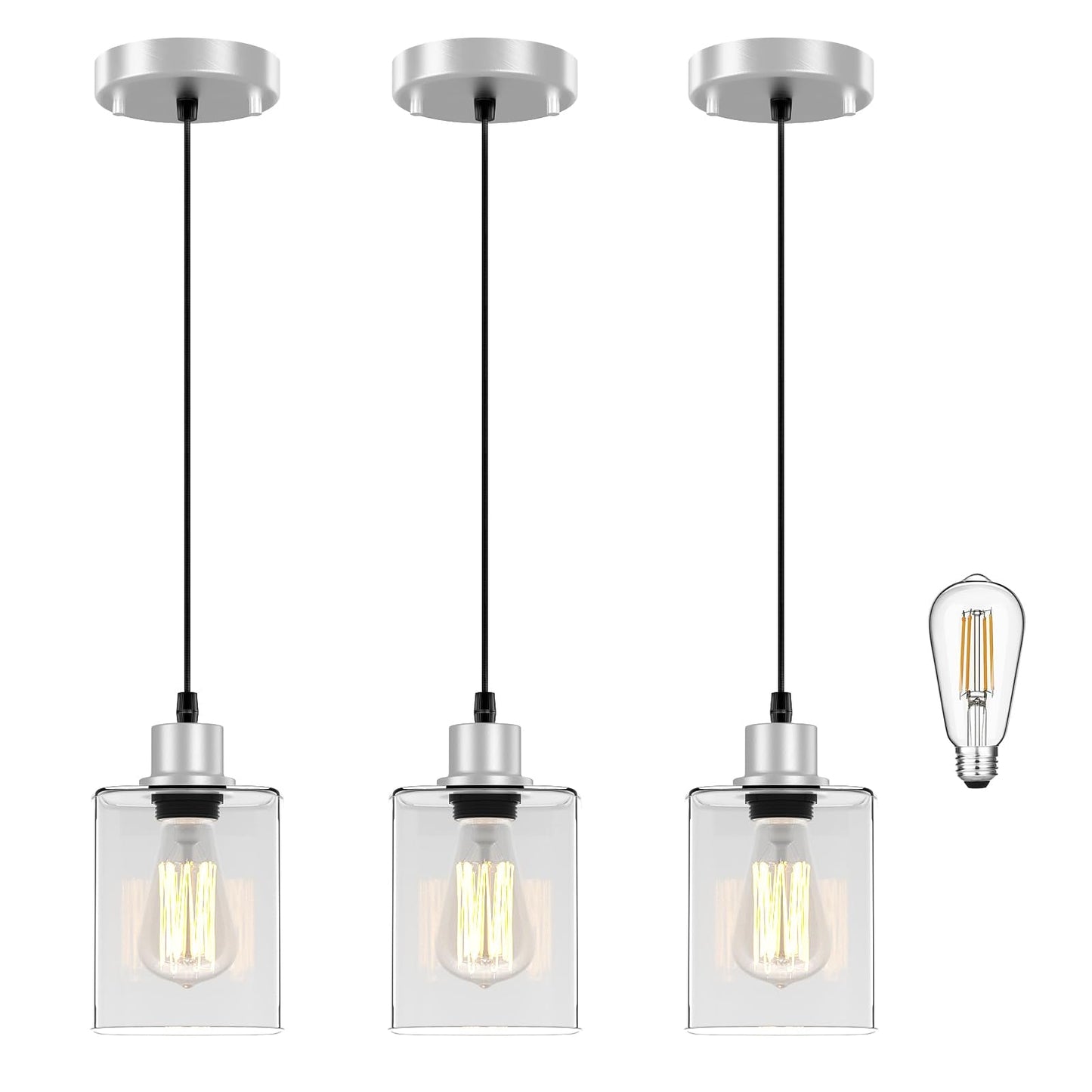 Pendant Light Kitchen Island Lighting 3 Pcs  With Bulb & Clear Glass Shade - 59 Inch Hanging Cord Farmhouse Hanging Lighting Fixture For Dining Room Bedroom Hallway - Brushed Nickel