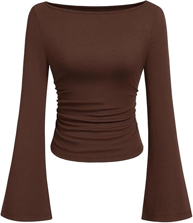 TITOMD Women's Bell Long Sleeve Shirts 2026 Spring Boat Neck Crop Going Out Trendy Tops Ribbed Ruched Y2K Clothes