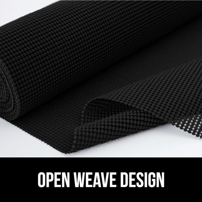 GORILLA GRIP powerGRIP Drawer Shelf and Cabinet Liner, Thick Strong Hold, Non-Adhesive Liners Protect Kitchen Cabinets and Cupboard, Bathroom Drawers, Easy Install, Breathable Mat, 12" x10', Black