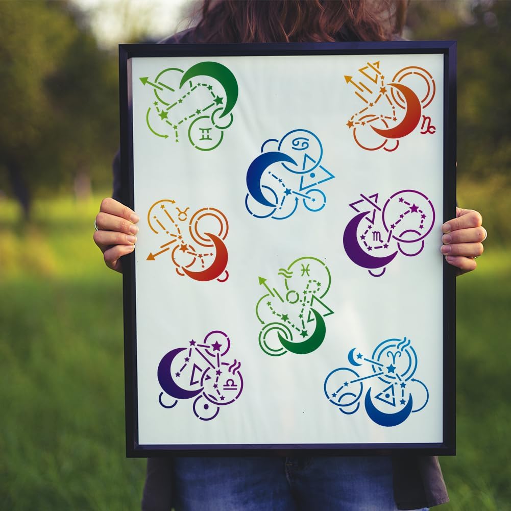 MAYJOYDIY 3pcs 12 Zodiac Signs Stencil 11.8×11.8inch 12 Constellations Symbols Stencils with Paint Brush Astrological Horoscope Drawing Template for Craft Furniture Fabric Wall