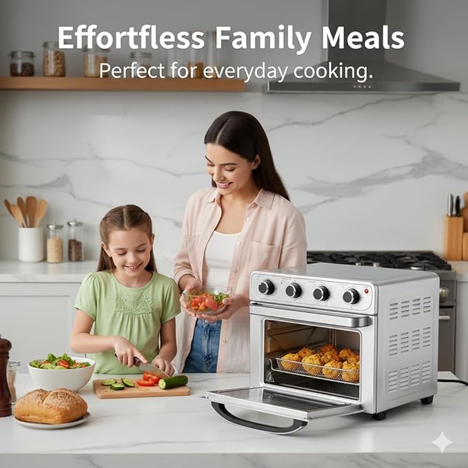 HealSmart 4-in-1 Air Fryer Toaster Oven Combo, 26.4QT Large Capacity Countertop Convection Oven Includes Baking Pan & Fry Basket, Stainless Steel