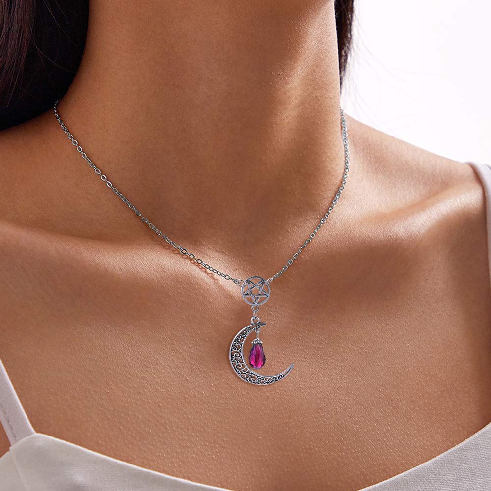 MJartoria Moon Pentagram Necklace Crystal Chakra Pendant Layered Necklaces for Women Choker Necklace Gothic Jewelry Y2K Goth Acc