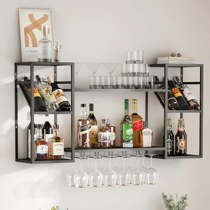 Wall Mounted Wine Rack, Multi Functional Bar Shelves for Liquor Bottles with Glass Holder, Modern Metal Bar Shelves Wall Mounted for Home Bar, Kitchen