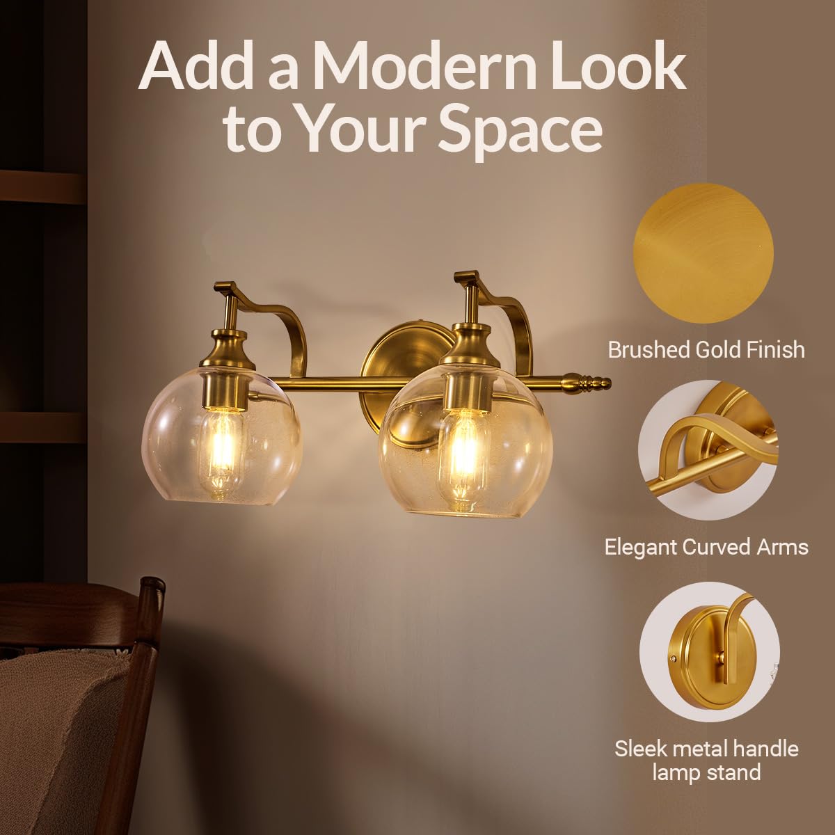 Andy Star 2 Light Bathroom Vanity Light  Brushed Gold Bathroom Light Fixtures  Wall Lighting With Clear Globe Glass Shades  Brass Wall Sconce For Living Room  Bedroom  Hallway