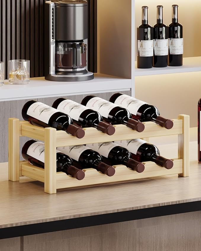 Countertop Wine Rack for Inside Cabinet, Solid Wood 2-Tier Wine Racks for 8 Bottles, Pinewood Liquor Storage Shelf, Water Bottle Organizer for Pantry, Kitchen, Bar, Dining Room (Natural Oak)