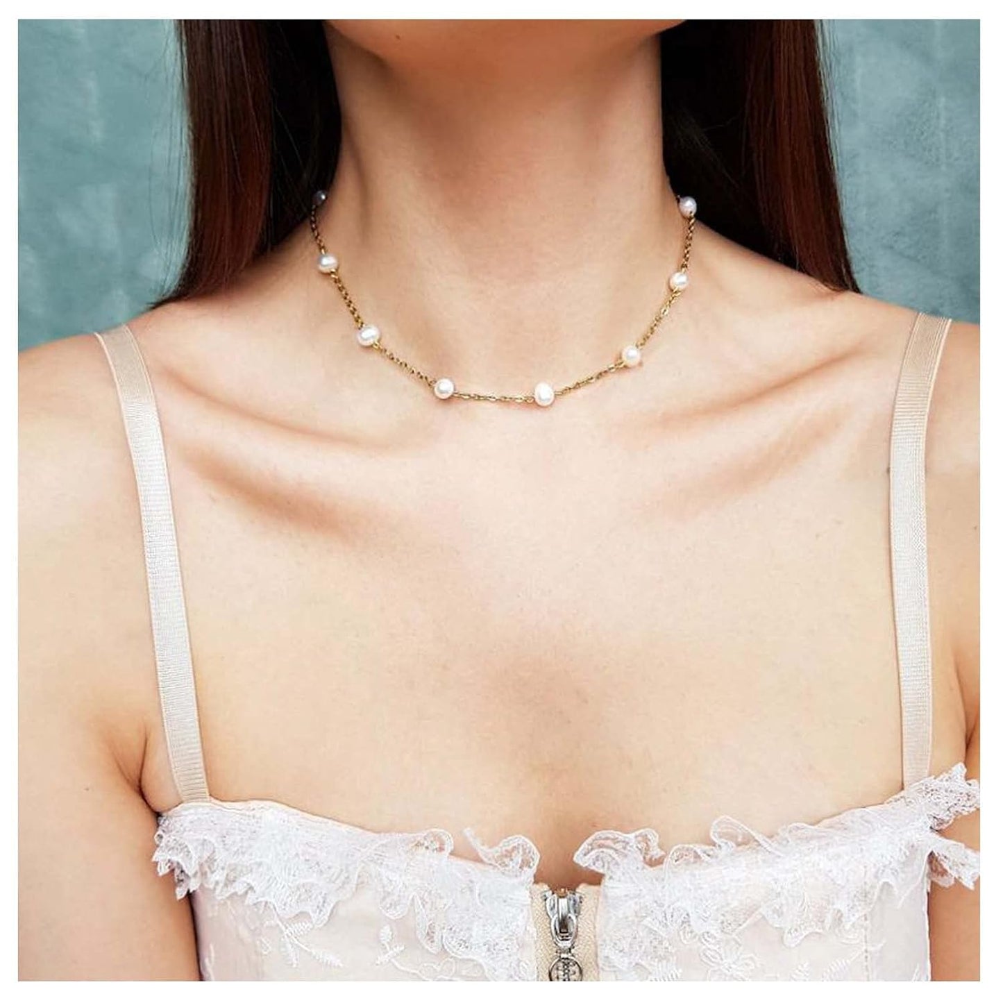 Boho Pearl Choker Necklace Floating Pearl Station Necklace Gold Tiny Pearl Beaded Necklace Chain Bridal Necklace Jewelry for Women and Girls Gifts